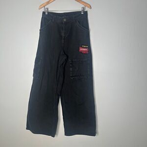 Les Benjamins Wide Leg Patchwork Denim Cargo Pants Black